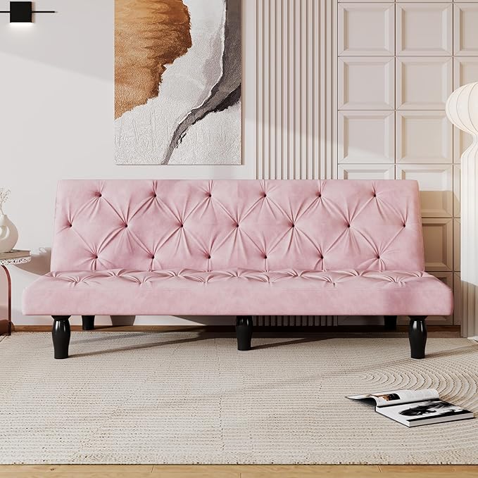 Modern Convertible Futon Sofa Bed Adjustable Loveseat Futon Couch with Metal Legs Upholstered Sofa Bed with Wood Frame Sleeper Couches for Small Compact RV Living RoomOffice (Pink-Velvet)