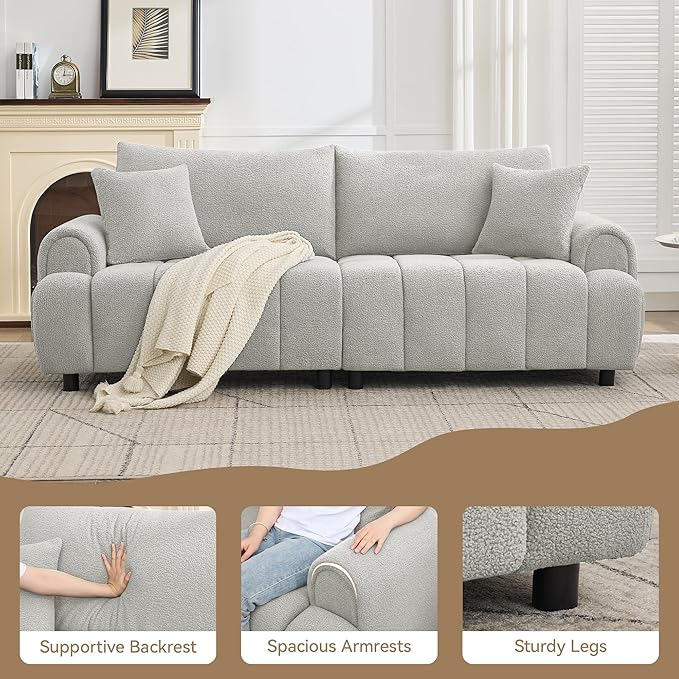 88 Modern Boucle Sofa Couch Oversized Comfy 3 Seater Sherpa Curved Sofas Deep Seat Upholstered Loveseat Teddy Round Arm Couches for Living Room Bedroom Light Grey