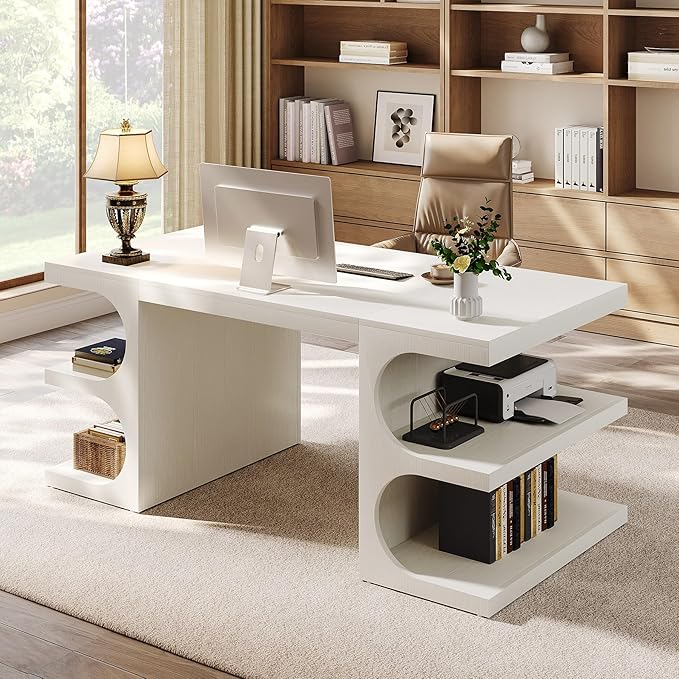 Tribesigns White Executive Office Desk 63 Computer Desk with Storage Shelves Modern Wood Study Writing Table Large Workstation Business Furniture for Home Office (Table Only)