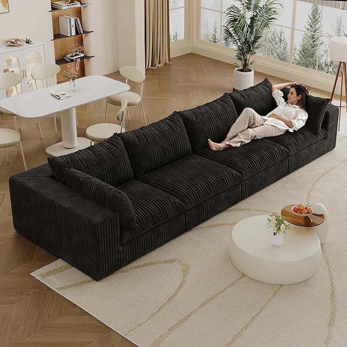 157.6 Modular Sectional Sofa Cloud Couch Modern Fluffy Boneless Couch Deep Seat Upholstered Sofa for Living Room Furniture Bedroom and Apartment (Black 4-Seater) | Plush Corduroy