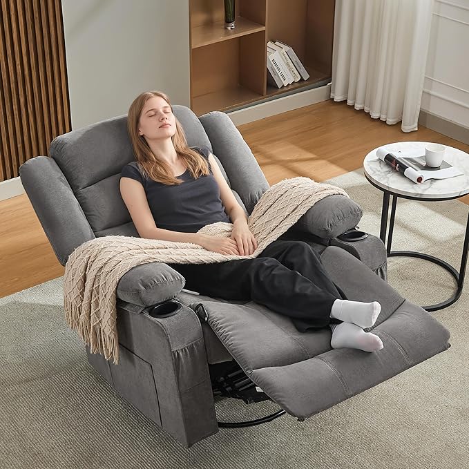 Oversized Recliner Chair with Heat and Massage 360° Swivel Chairs for Adults Nursery Rocking Recliner Single Sofa Seat with Cup Holders Lazy Boy Recliner Single Sofa (Oversized Manual Grey)