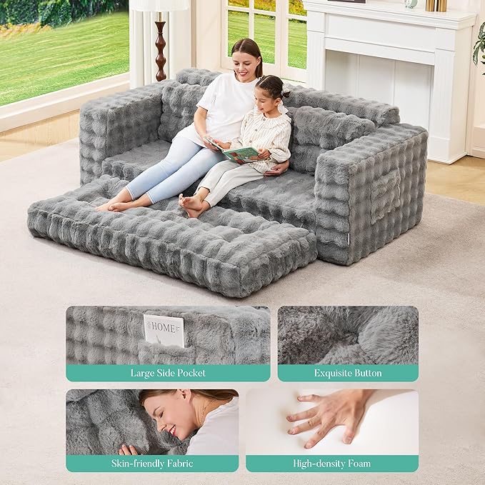 Hobestluk 3-Seater Sofa Boneless Couch with Tufted Button Design 2 in 1 Comfy Cloud Couch Oversized Sofa for Living Room Bedroom Apartment or Office (Grey 3 Seater)