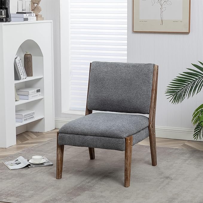 Chenille Single Accent Chair Wooden Legs Padded Upholstery High Density Foam Small Modern Armless Chair for Living Room Bedroom Dark Grey