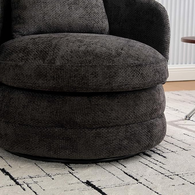 360° Small Swivel Accent Chair Round Swivel Barrel Chair with Round Backrest &amp Wide Seat Comfy Chenille Barrel Chairs for Living Room Bedroom Easy 15-Min Assembly Boucle (Dark Gray)