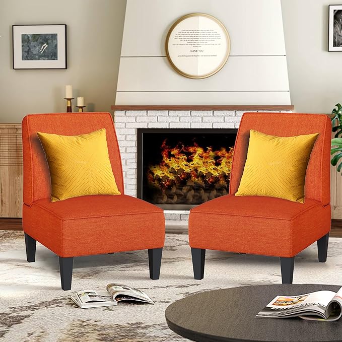 ALISH Upholstered Living Room Chairs Set of 2 Armless Side Accent Bedroom Chairs with Curved Backrest and Wooden Legs Orange Orange