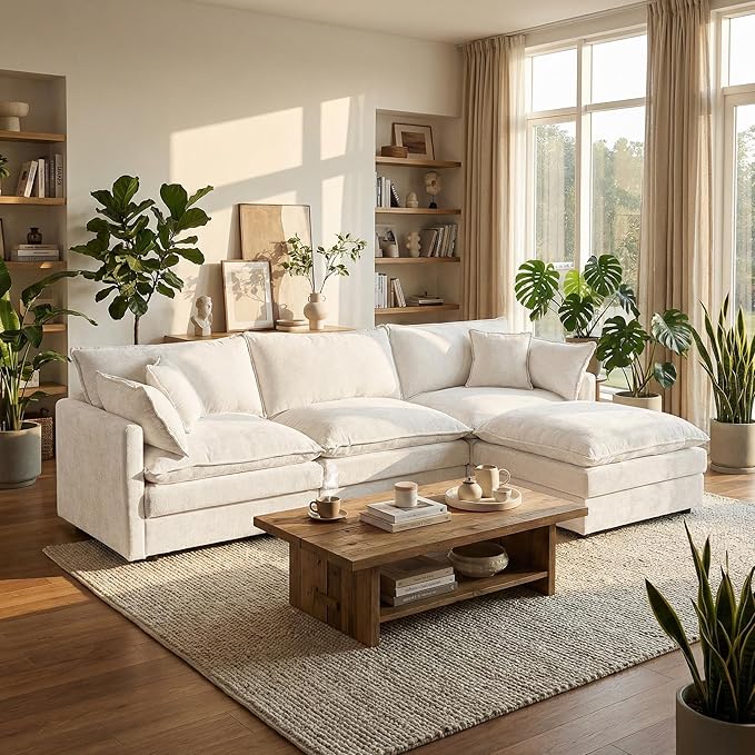 Homy Casa 102 Inch L Shaped Couch Set3-Seat Sectional Sofa with Chaise Comfortable Chenille Fabric Removable Cushions Ottoman DIY CombinationModern Design for Living/Family Room – Beige