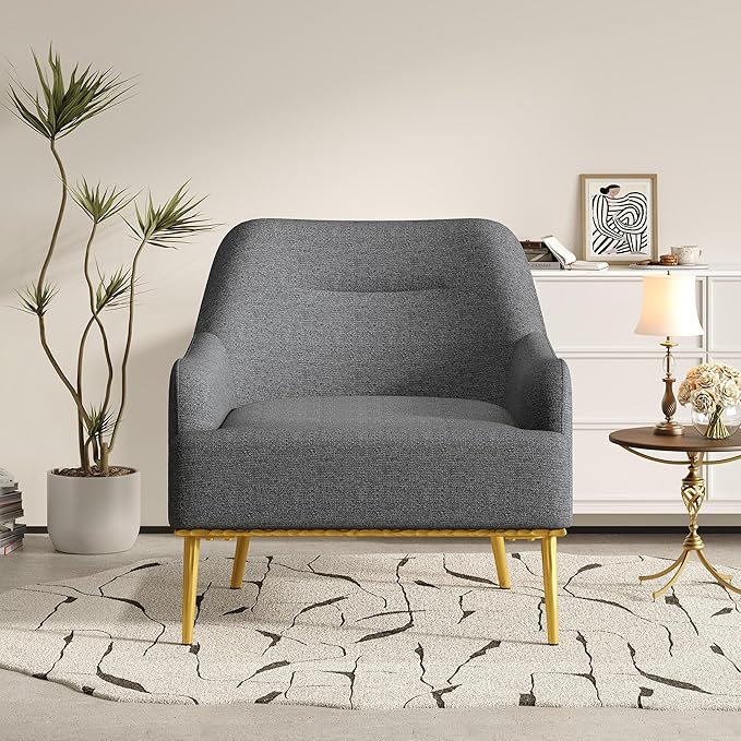 Modern Accent Chair with Curved Backrest Chenille Fabric Upholstered Armchair with Gold Metal Legs Single Sofa Chair for Living Room Reading Corner (Dark Gray14)