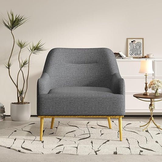 Merax Modern Curved Accent Chair Upholstered Armchair Single Sofa Chair with Curved Backrest and Gold Metal Legs for Living Room Bedroom or Reading Corner Dark Gray