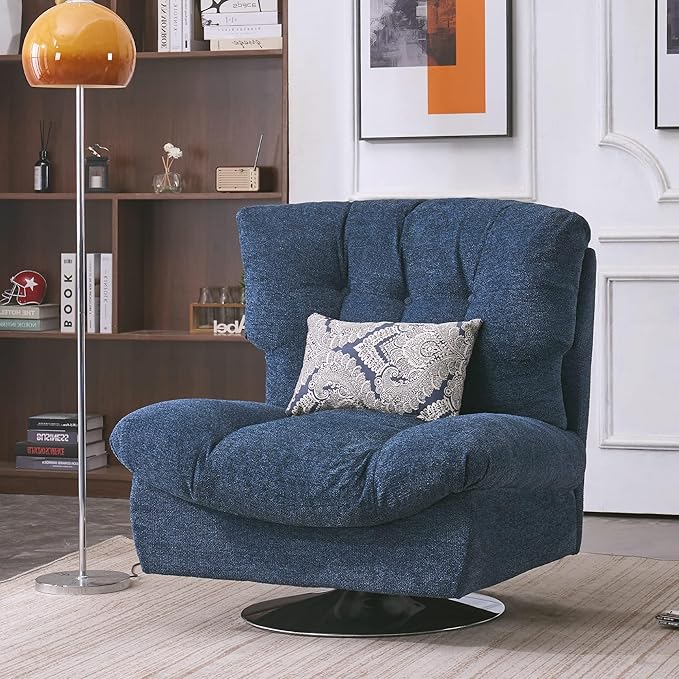 MCombo Swivel Accent Chair Modern Tufted Upholstered Armless Chairs Wide Seat Single Sofa Chair for Living Room Bedroom LW753 (Blue)