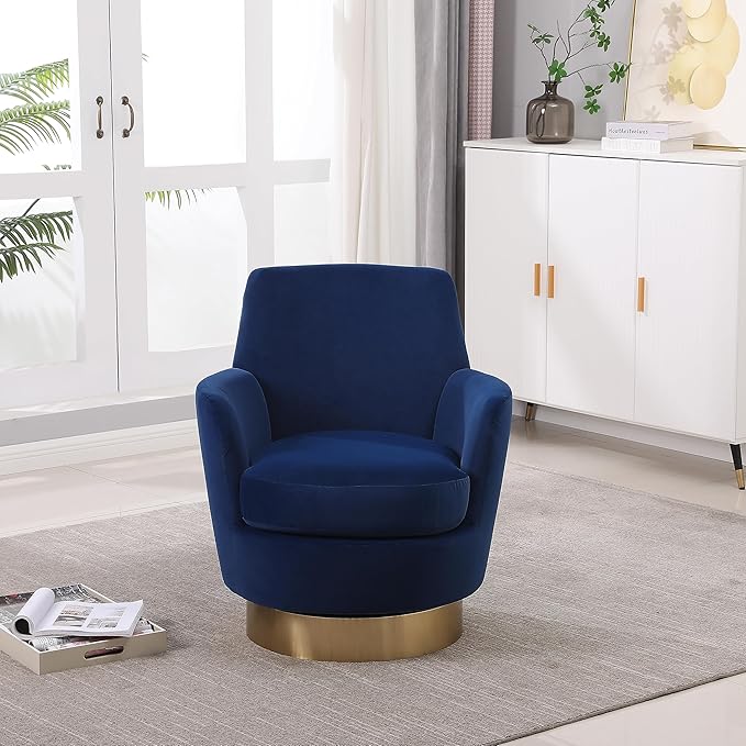 Velvet Swivel Barrel Chair Armchair for Living Room Reading Chairs for Bedroom Comfy Round Barrel Chairs with Gold Stainless Steel Base for Living Room Bedroom Reading Room (Navy)