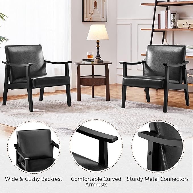 Topeakmart Faux Leather Accent Chair Mid Century Leisure Chair with Wooden Frame Modern Barrel for Living Room Bedroom 2 Pieces Black
