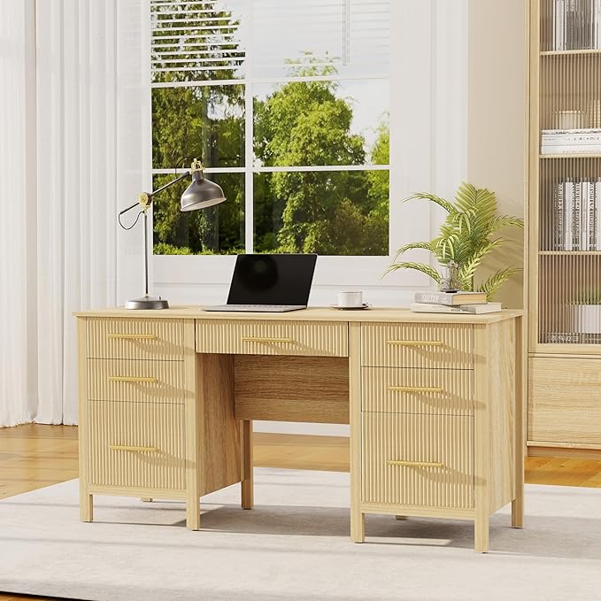 Modern Executive Desk with Drawers: 60 Oak Home Office Desks with File Drawers Wood Fluted Computer Writing Desk for Work Study and Living Room (60)