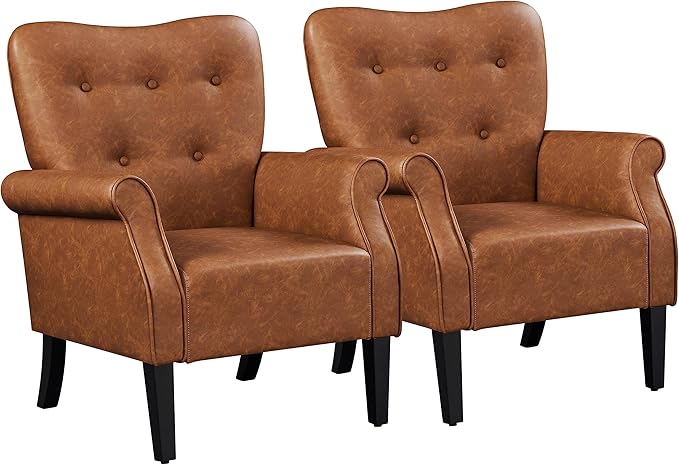 Yaheetech Modern Armchair Mid Century PU Leather Accent Chair with Sturdy Wood Legs and High Back for Small Space Upholstered Club Sofa for Living Room/Bedroom Set of 2 Retro Brown