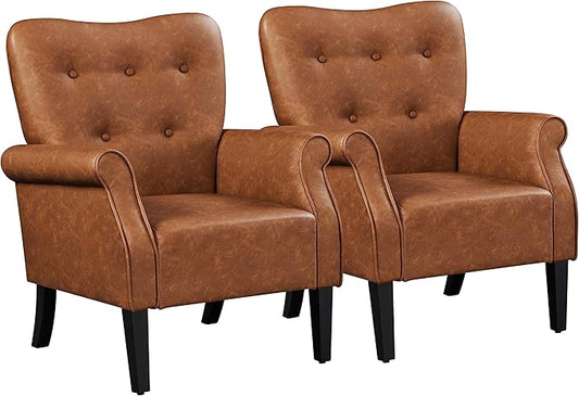 Yaheetech Modern Armchair Mid Century PU Leather Accent Chair with Sturdy Wood Legs and High Back for Small Space Upholstered Club Sofa for Living Room/Bedroom Set of 2 Retro Brown