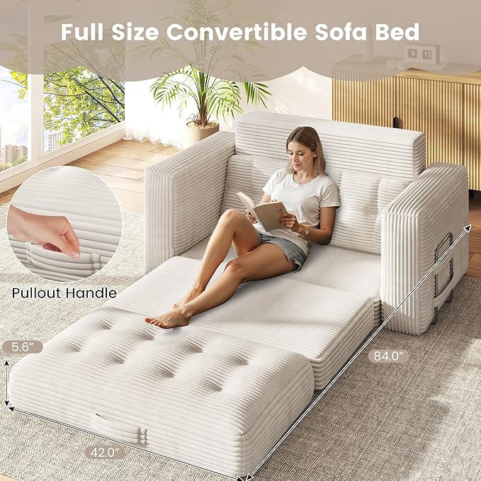 Convertible Sofa Bed 2 in 1 Boneless Couch Bed with 2 Pillows Corduroy Pull out Couch Folding Sofa Bed with Deep Seat Small Loveseat Sleeper Sofa Bed in a Box for Small Spaces No Assembly Needed