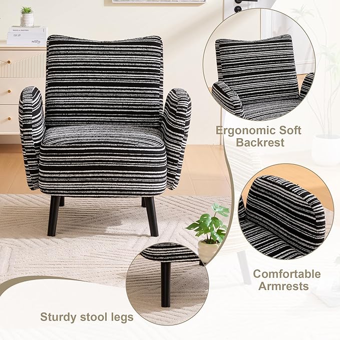 Modern Upholstered Armchair with Side Storage Pocket Fabric Reading Chair with Solid Wood Legs Ergonomic Accent Chair for Living Room Bedroom &amp Office (Black)