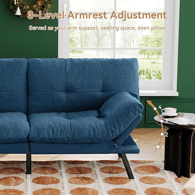 Convertible Futon Sofa Bed71 Modern Fabric Futon Couch with Adjustable Backrest&ampArmrestSmall Loveseat Sleeper SofaDorm Futonsofa for ApartmentLiving RoomDetachable CushionsNavy Blue