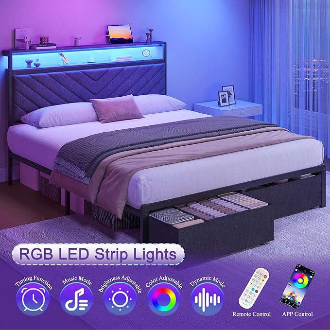 Queen Bed Frame with 2 Drawers Upholstered Headboard with Storage and Charging Station LED Lights Fabric Drawers with Wheels Under Bed Storage No Box Spring Needed Easy Assembly Grey