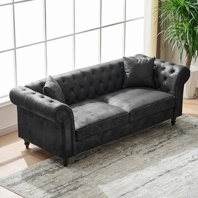 Air Leather Tufted Sofa Couch for Living Room Rolled Arm 3-Seater Sofa Couch with 2 Pillows Small Apartment Chesterfield Sofa