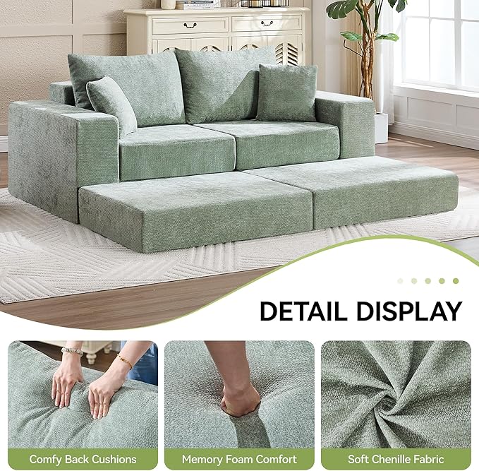 79 Boneless Loveseat Sofa Couch Modular Foldable Floor Cloud Sofa with Ottoman Lounge Convertible Sofa Bed for Living Room No Assembly Chenille Green