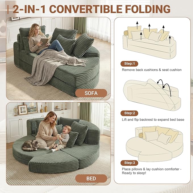 Round Chaise Lounge Chair 2-in-1 Convertible Folding Futon Sofa Bed Corduroy Boneless Cloud Couch Bed Compressed Memory Foam Couch Modular Foldable Floor Sleeper Sofa with 5 Pillows