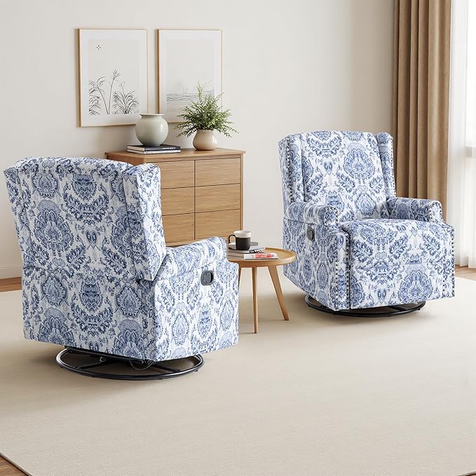 Swivel Rocker Recliner Chair Manual Nursery Glider Recliner Floral Fabric Wingback Accent Chair with Adjustable Backrest &amp Footrest for Small Spaces Living Room Bedroom (Navy Blue Set of 1)