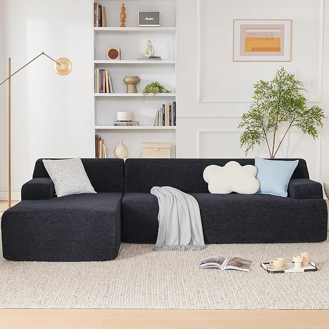 107 Modular Sectional Cloud Couch Boneless couches Sponge sectionals for Living Room High Density Sponges Sofa Modular L-Shape with Chaise Black