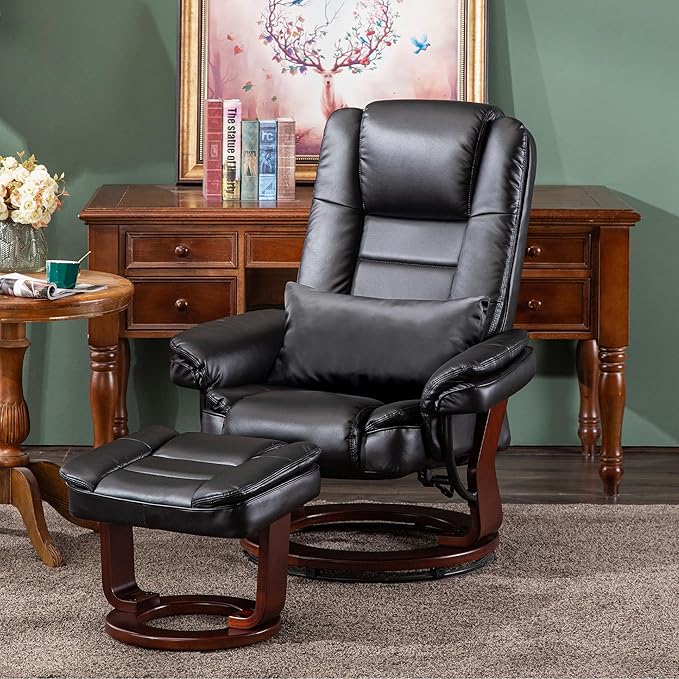 MCombo Swivel Recliner with Ottoman Chair TV Chair Sets with Vibration Massage for Small Space Living Room Bedroom 9096 9099 (Textile Black)