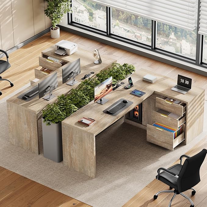 78 Inch L Shaped Office Desk with Drawers Fluted L Shape Computer Desk Executive Office Desk with File Cabinet Storage Shelves and Power Outlets Sturdy Writing Workstation Natural Oak