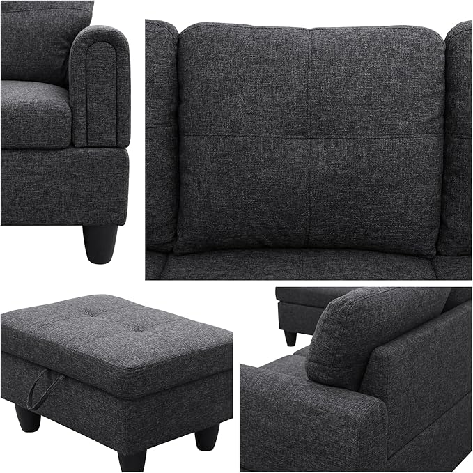 L-Shaped Sectional Sofa with Movable Chaise &amp Storage Ottoman Lounge 3-Piece Modular Convertible Couches for Living Room Apartment &amp Office Black Grey