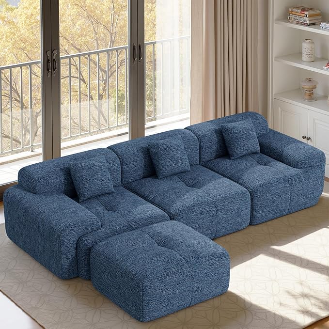 122 L Shaped Convertible Modular Couch Cloud Couch Sectional with Ottoman 4-Seater Chenille Boneless Couches for Living Room Apartment No Assembly Blue 1PCS