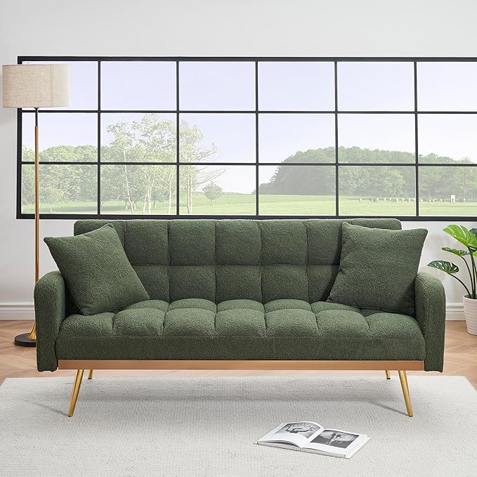 69 Convertible Sofa Bed with Two Throw Pillows Suitable for Living Room Bedrooms Offices Green