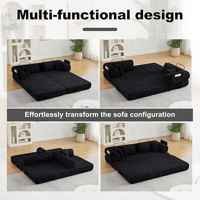 78.7 Chenille 4-in-1 Folding Convertible Sofa Bed Boneless Couches with 4 Pillows &amp Convenient Side Pockets Comfy Foldable Compressed Sofa in Box Floor Sofa Lounge Couch for Living Room(Black)