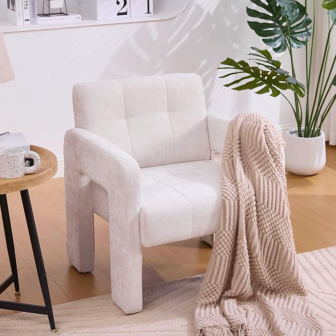 Classic Chenille Conversation ChairModern Minimalist ArmchairElegant Comfortable Accent Chair for Living RoomBedroomStudyOfficeBeige