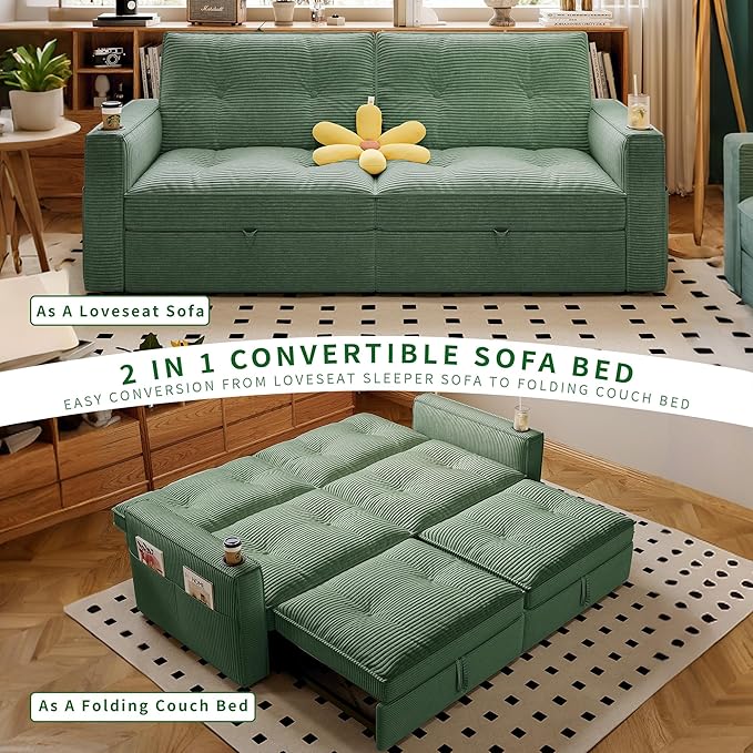 73.2 inch 2-in-1 Convertible Sofa Bed with Cup Holder | Space-Saving Sleeper for Small Apartments Dorms &amp Offices | Guest Ready in Seconds(Green+Corduroy)