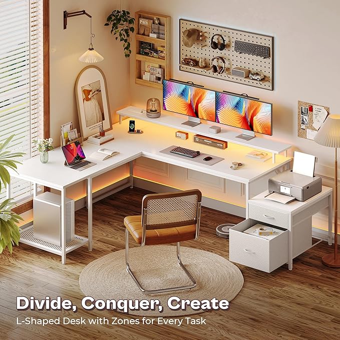 PRAISUN 66 L Shaped Gaming Desk with LED Lights &amp Power Outlets Computer Desk with Fabric Drawers and Print Stand Corner Office Desk Monitor Stand Mesh CPU Stand White