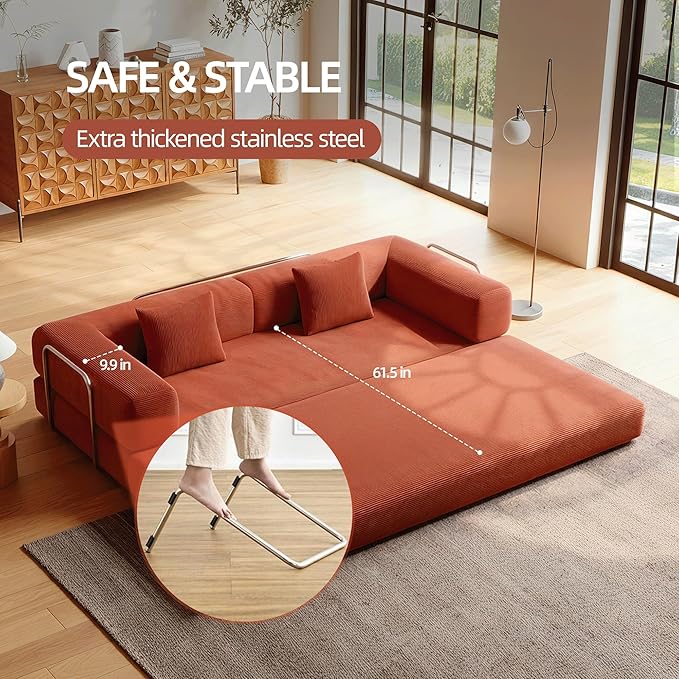 5-in-1 Folding Convertible Sofa Bed Loveseat Sleeper with Pull-Out Bed Floor Sofa Modular Futon Couch 79 Oversized Corduroy Upholstered Boneless Couch for Living Room Bedroom Lounge Orange-A