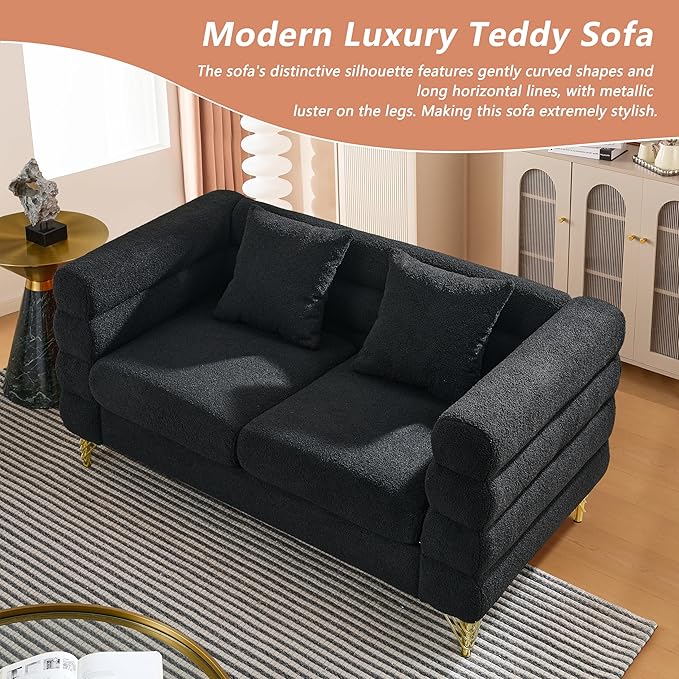 mikibama Modern Teddy Loveseat Sofa 60 Inch Sectional Sofa Couch Luxury 2 Seater Deep Couch with 2 Pillows and Gold Metal Legs for Living Room Bedroom Apartment (Black)