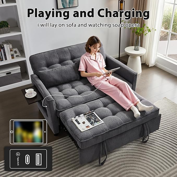 Sleeper Sofa Bed 55‘’ Convertible Pull Out Couch with Small Table| USB Port | Side Pockets | Corduroy Fabric | Adjustable Backrest for Apartment Office Bedroom Guest Room