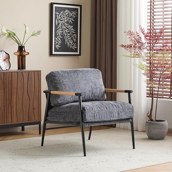 Modern Accent Chair Lounge Arm Chair Upholstered Armchair with Plush Cushions Single Chairs with Metal FrameWooden Armrest - Perfect for OfficeLiving RoomBedroomGrey