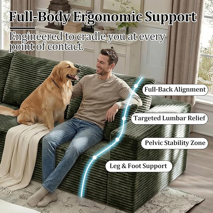 108'' L-Shaped Cloud Modular Sectional Sofa Modern Corduroy Memory Foam Couch with Right Facing Chaise Lounge Upholstered Boneless Deep Seat Fluffy Sofa No Assembly Needed for Home Olive Green