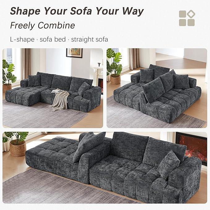 108 Luxury L-Shaped Sectional Sofa 4-Seater Modular Cloud Couch with Pillows Chenille Upholstered Full Foam Floor Sofa for Living Room No Assembly Dark Grey