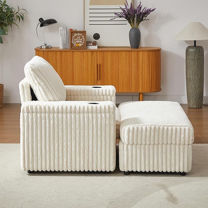 Eafurn 42.5 Oversized Accent Chair with Storage Ottoman Convertible Chaise Lounge Corduroy Cloud Sofa Chair w/Cupholders Modern Extra Wide Armchair