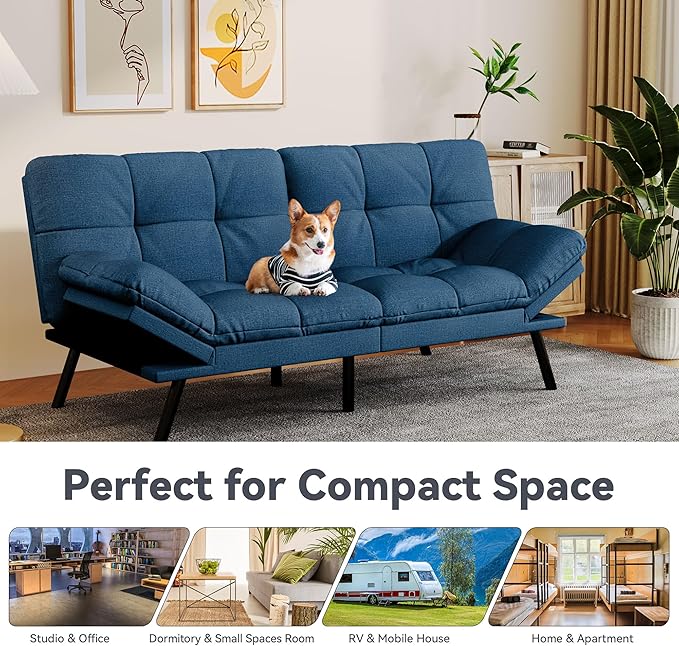 Convertible Futon Sofa BedLinen Futon Couch with Detachable CushionAdjustable Backrest &amp ArmrestModern Small Loveseat Sleeper Recliner for Living RoomOfficeApartmentBlue