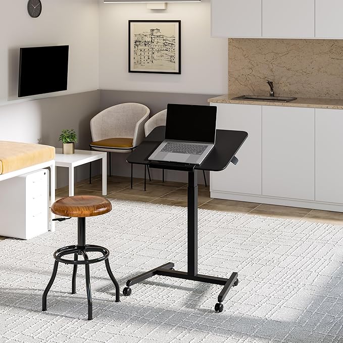 Seville Classics Airlift Height Adjustable Pneumatic Laptop Sit Stand Desk Mobile Rolling Cart Computer Workstation for Home Office Classroom Black 25.6 Tilting Desktop