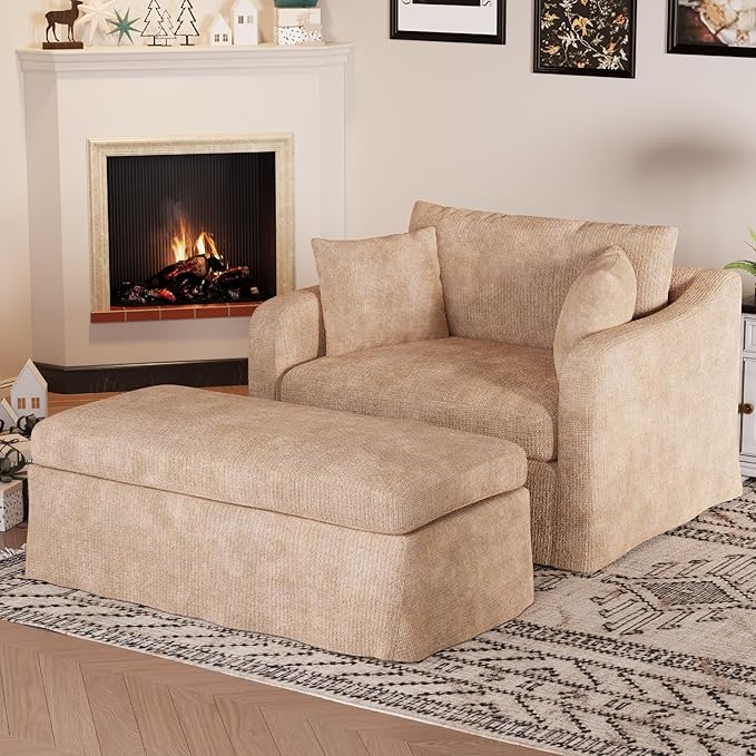 Aoiy &amp Wifon 43.9'' W Oversized Accent Chair with Ottoman Upholstered Mid-Century Reading Chair Comfy Oversized Lounge Chair for Living Room &amp Bedroom Chenille Wheat