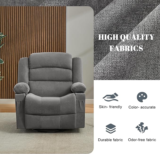 Oversized Recliner Chair with Heat and Massage 360° Swivel Chairs for Adults Nursery Rocking Recliner Single Sofa Seat with Cup Holders Lazy Boy Recliner Single Sofa (Oversized Manual Grey)