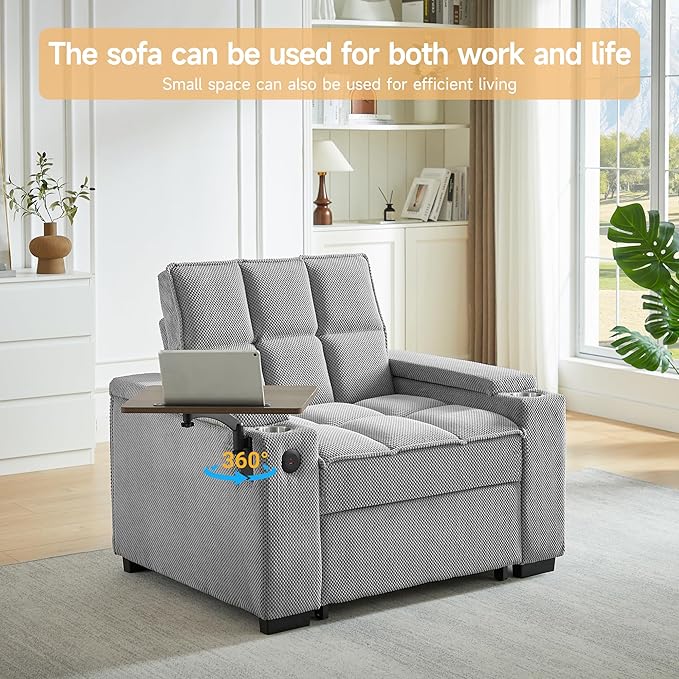 Large Size Convertible Sleeper Chair Futon Sofa Bed Comfortable thick cushion Single Sleeper Sofa Handheld storage and Adjustable Backrest | Reading Chair with Rotating small table (light gray)