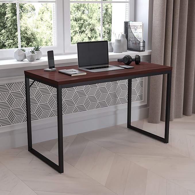 EMMA + OLIVER Industrial Modern Desk-47L Commercial Grade Home Office Desk-Mahogany/Black