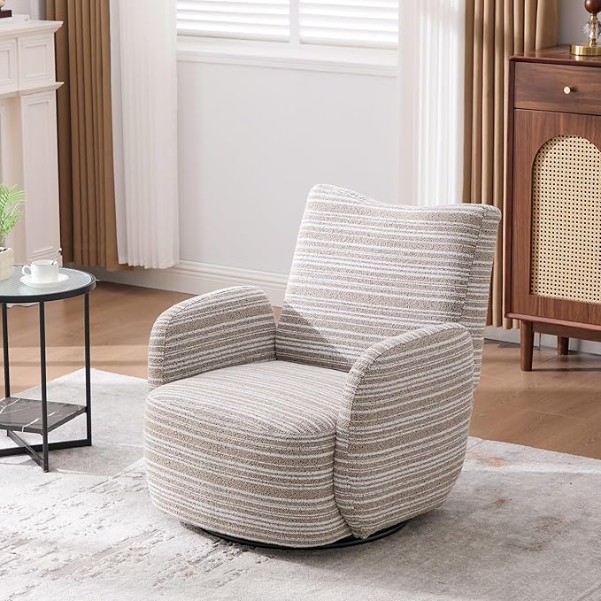 Modern Boucle Upholstered Accent Swivel Barrel ChairLeisure Club Lounge Chair with Sand-Rimmed Fabric and Metal Bracket for Living Room Bedroom Home Office (Khaki Boucle)